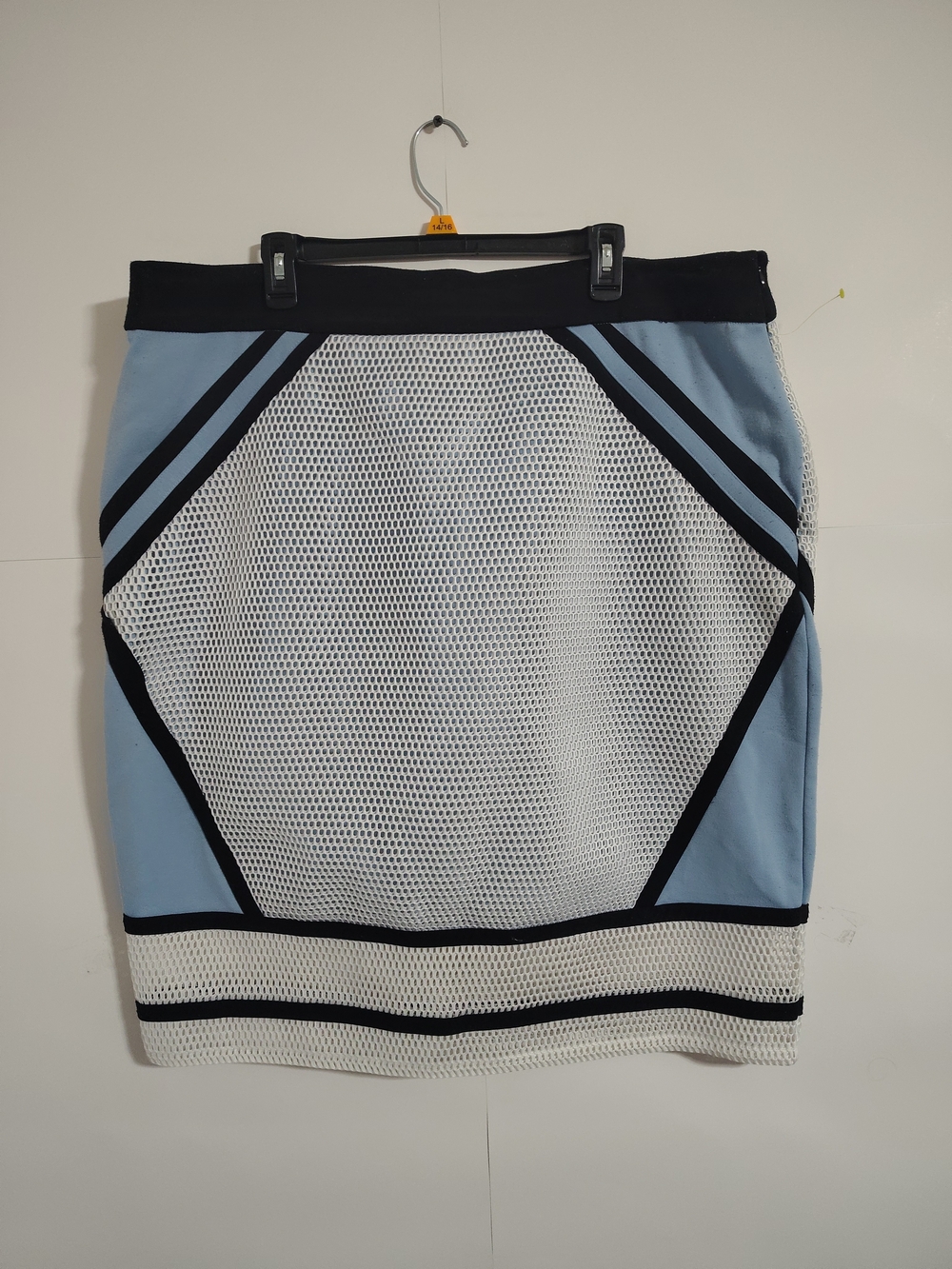 Harper Sky Blue, White & Black Geometric Mesh Pencil Skirt